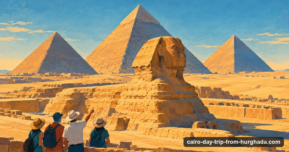 Illustration: a small group of travellers seen from behind looking at the three Giza pyramids in the morning light, the Sphinx in the foreground