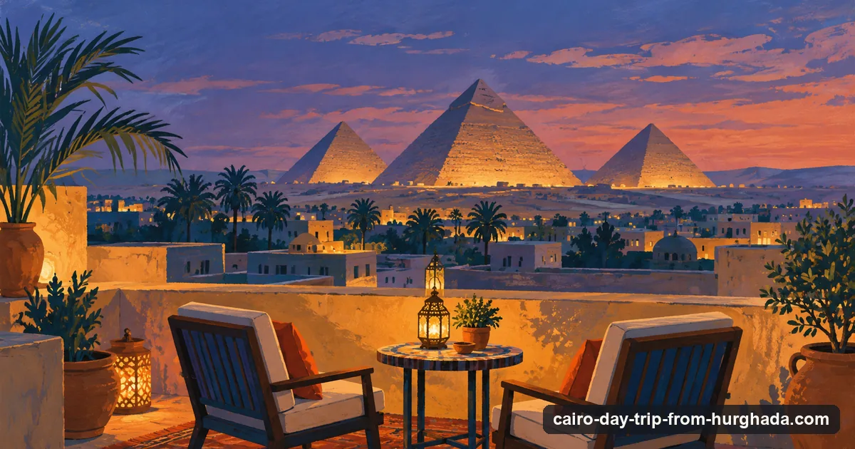 Illustration: a rooftop terrace at dusk looking across low rooftops to the lit Giza pyramids