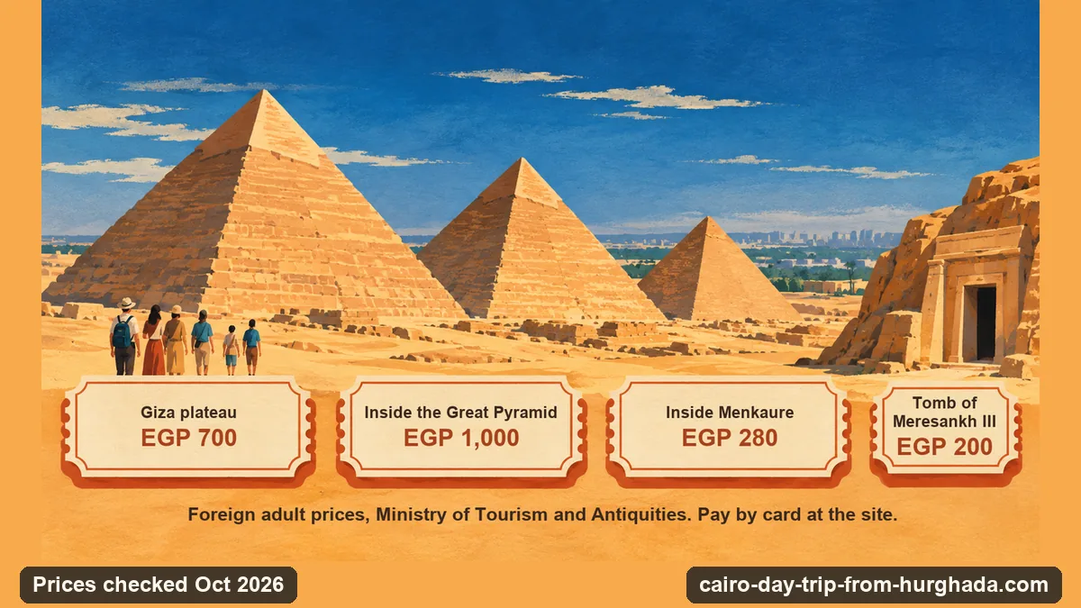 Infographic: Giza ticket prices for foreign adults, plateau entry EGP 700, Great Pyramid interior EGP 1,000, Menkaure interior EGP 280, checked October 2026