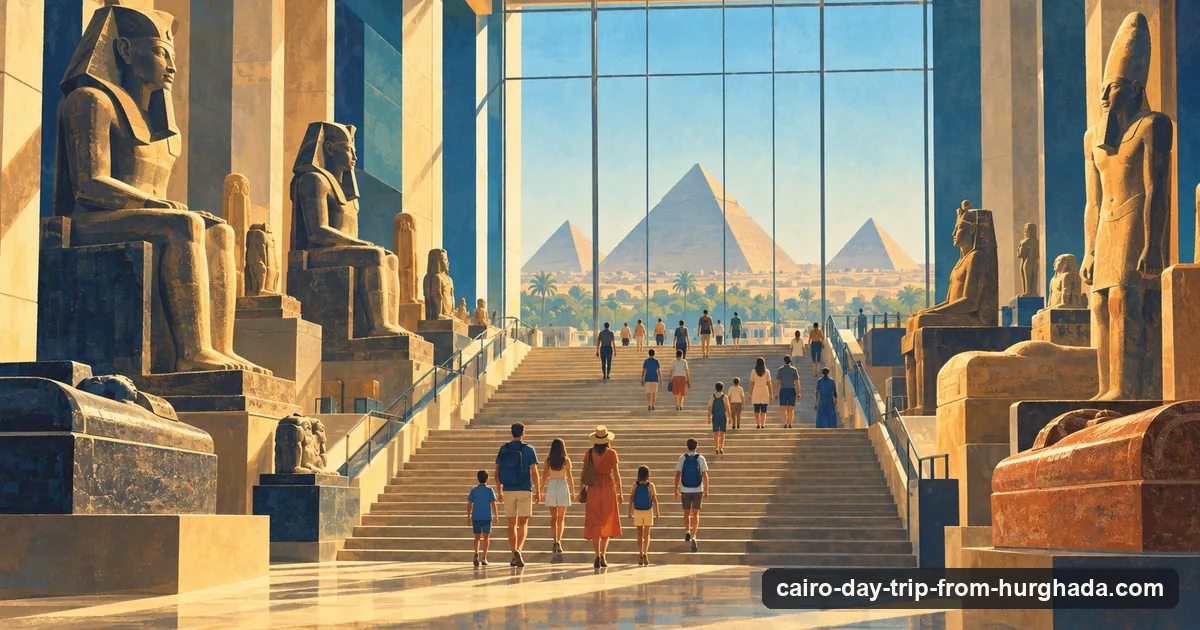 Illustration: visitors seen from behind climbing the Grand Egyptian Museum's grand staircase lined with colossal statues, the pyramids visible through the glass wall at the top