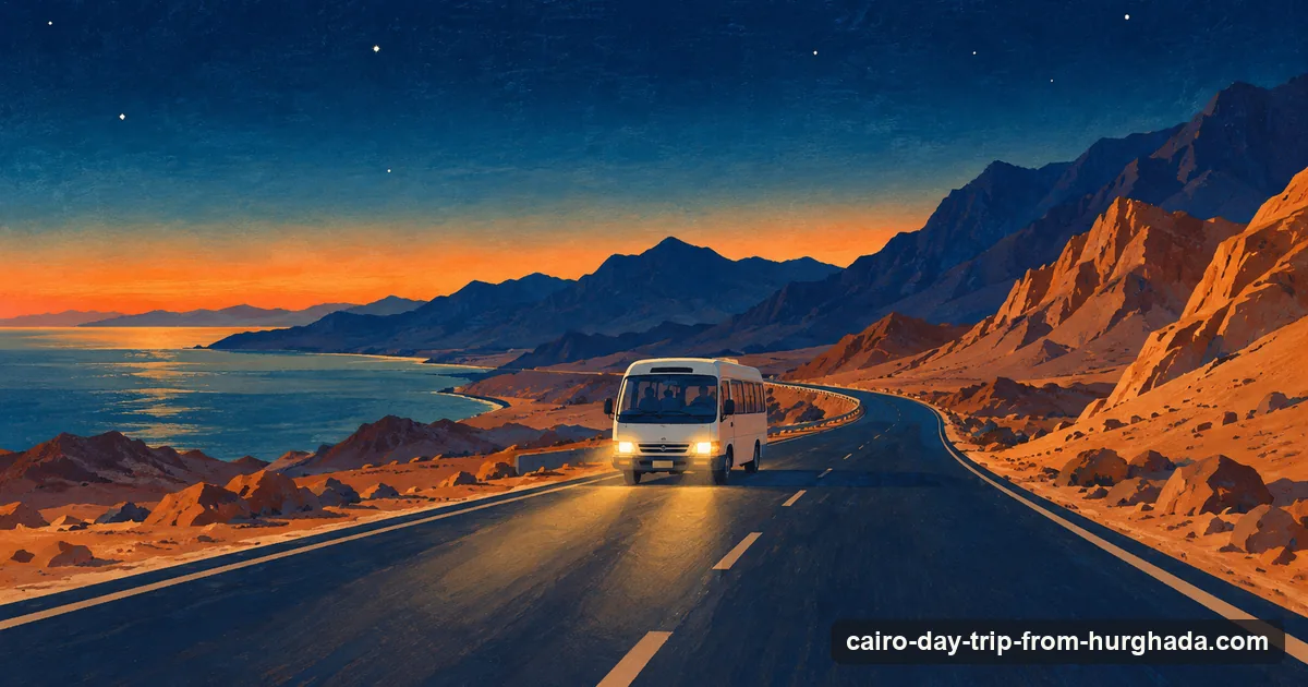 Illustration: a minibus on an empty desert highway before dawn, headlights on, with the first light behind low mountains