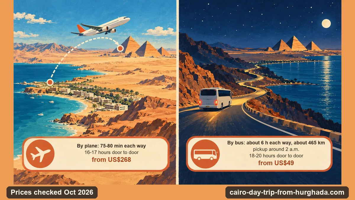 Infographic comparing the Cairo day trip from Hurghada by plane and by bus: flight 75 to 80 minutes each way and a 16 to 17 hour day, against about 6 hours by road each way, a 2 a.m. pickup and an 18 to 20 hour day, checked October 2026