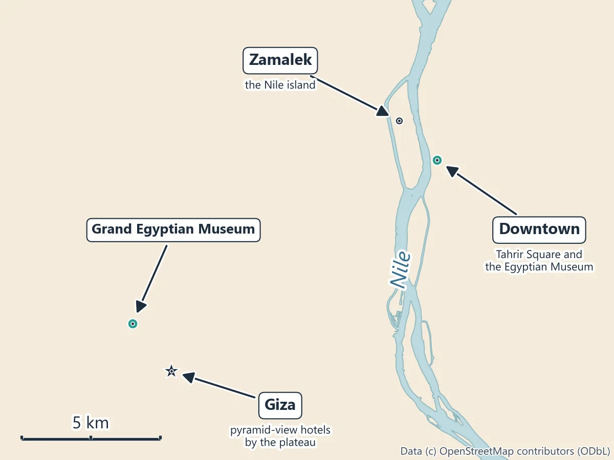 Map of Cairo showing Giza by the pyramids and the Grand Egyptian Museum on the west, and Downtown by Tahrir Square and the Egyptian Museum and the Nile island of Zamalek on the east